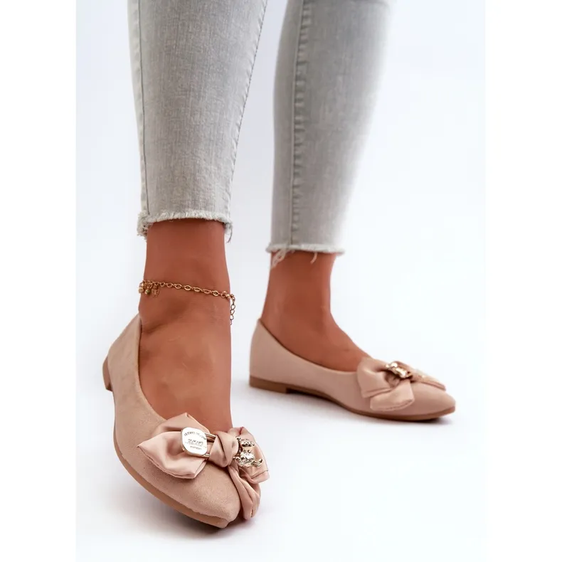 Ballerines Femme En Daim Eco Avec Noeud Et Broche Beige Satris