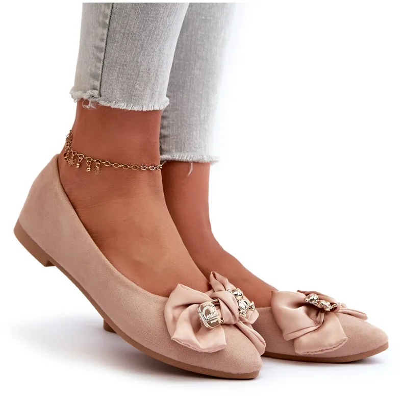 Ballerines Femme En Daim Eco Avec Noeud Et Broche Beige Satris