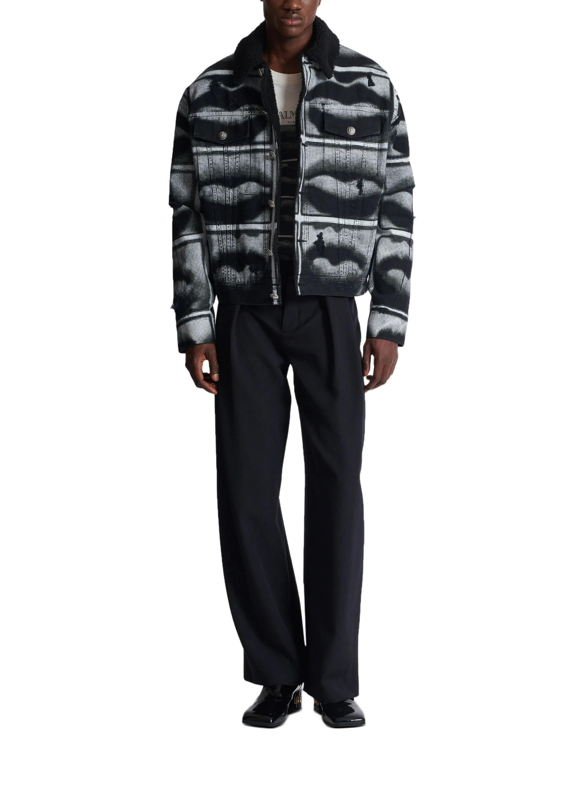 BALMAIN  Veste en denim imprimé lips - Noir