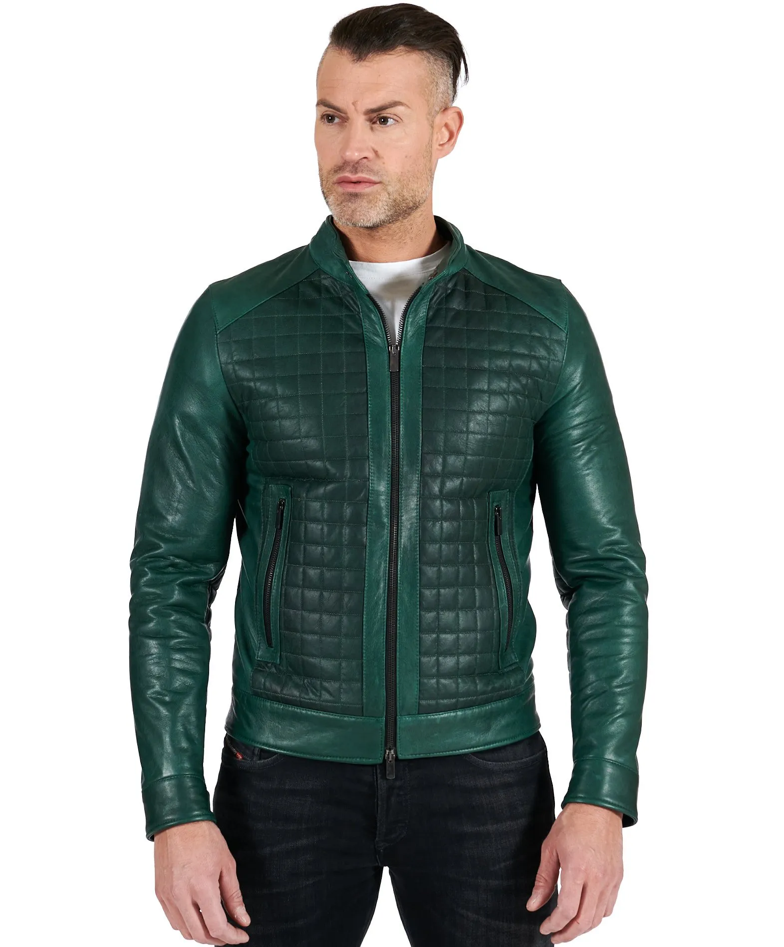 Blouson cuir homme blouson cuir moto veste moto cuir vert Ethan