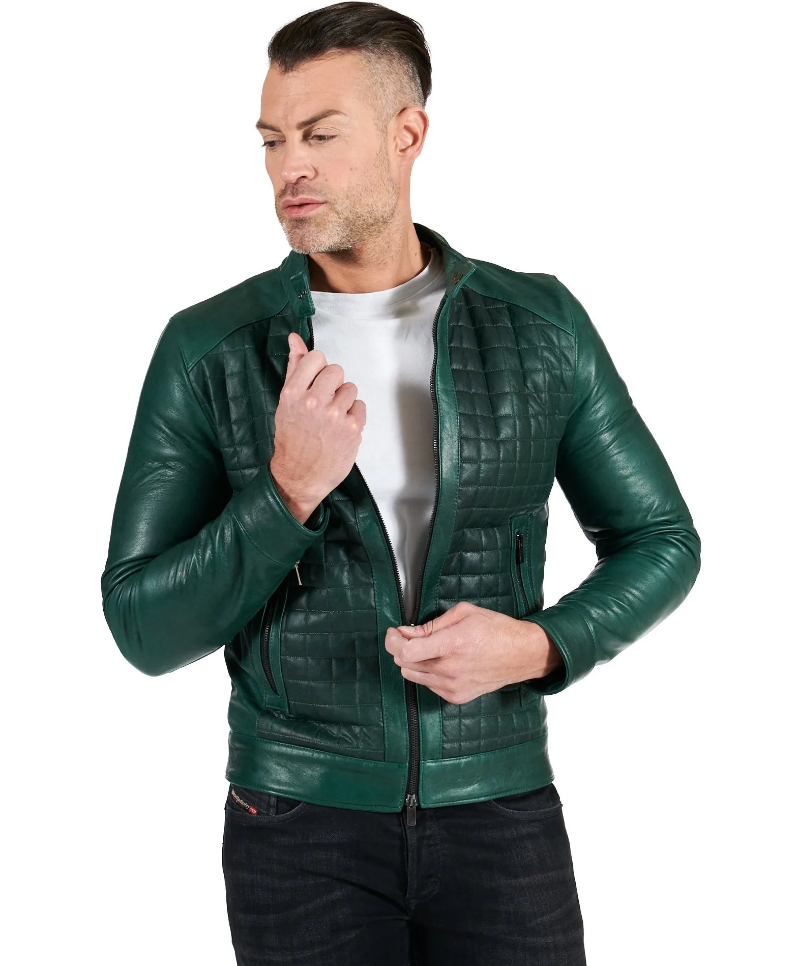 Blouson cuir homme blouson cuir moto veste moto cuir vert Ethan