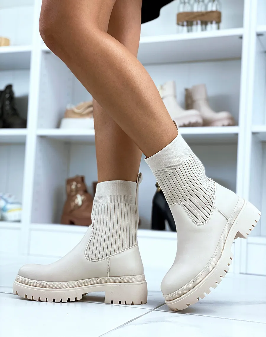 Bottines beige mi-similicuir mi-chaussette