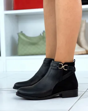 Bottines noires bi-matière en suédine à boucles dorées