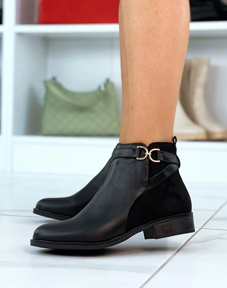 Bottines noires bi-matière en suédine à boucles dorées