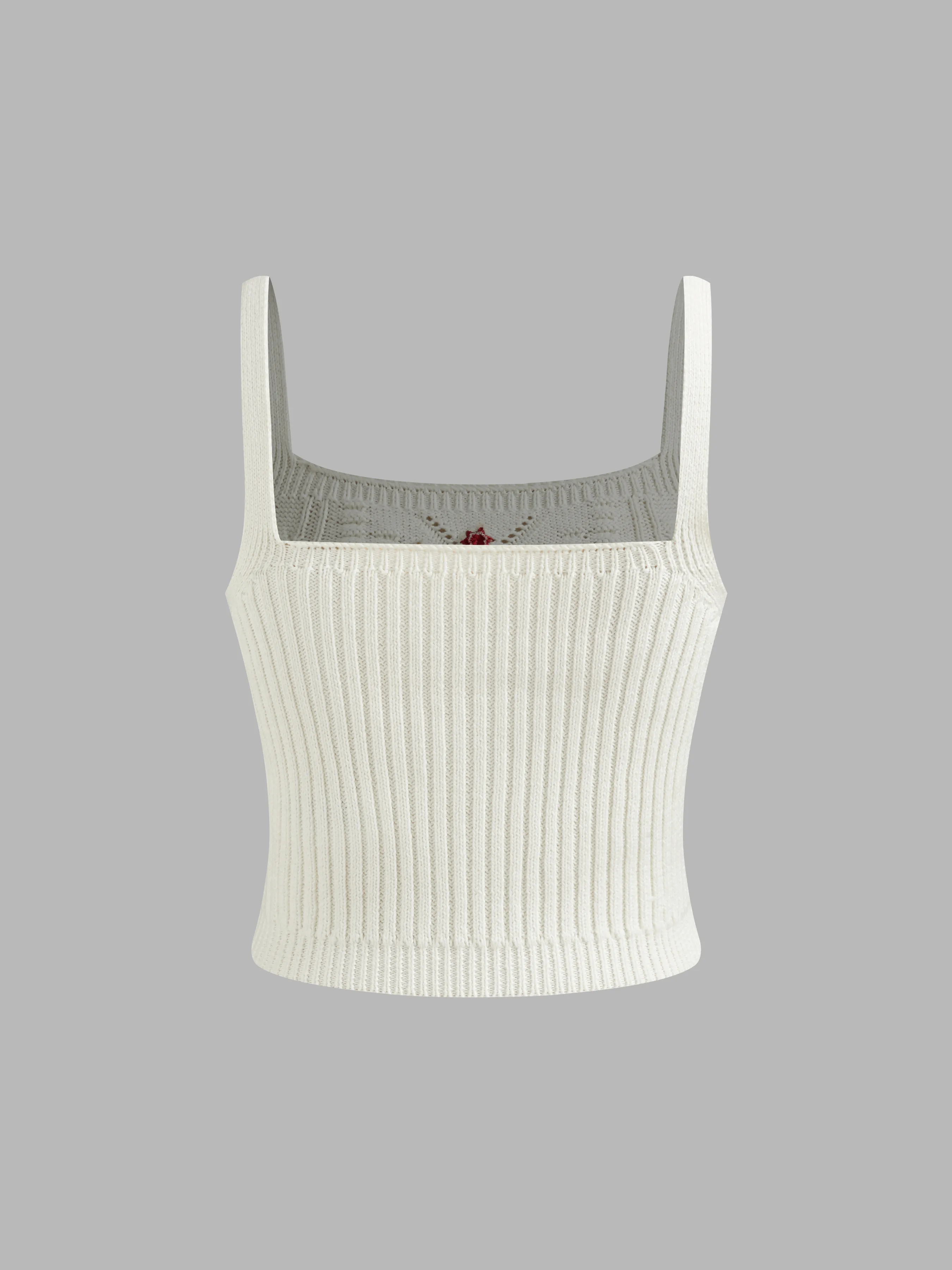 Camisole courte tricotée à col carré avec broderie de lapin