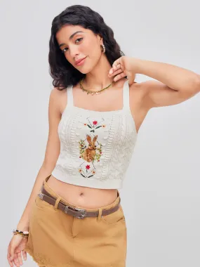 Camisole courte tricotée à col carré avec broderie de lapin