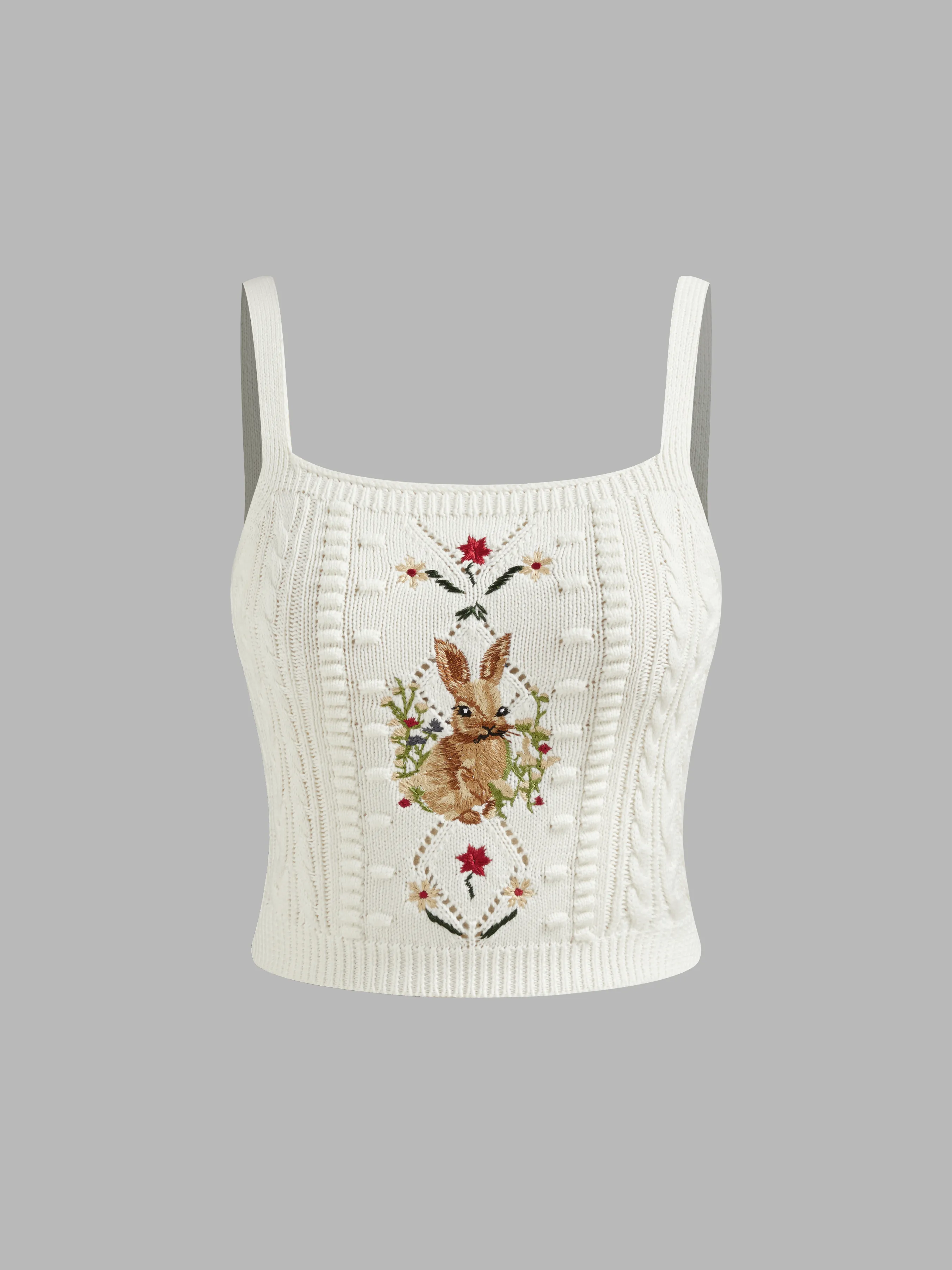 Camisole courte tricotée à col carré avec broderie de lapin