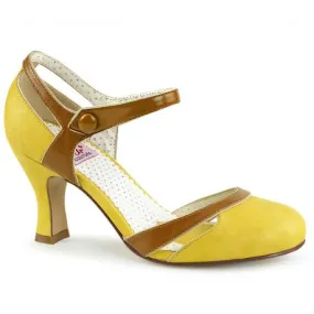 Chaussure pin up ouverte bicolore jaune / marron à talon et bride 