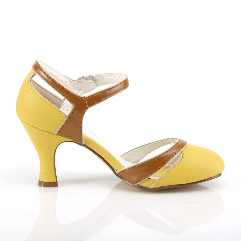 Chaussure pin up ouverte bicolore jaune / marron à talon et bride 