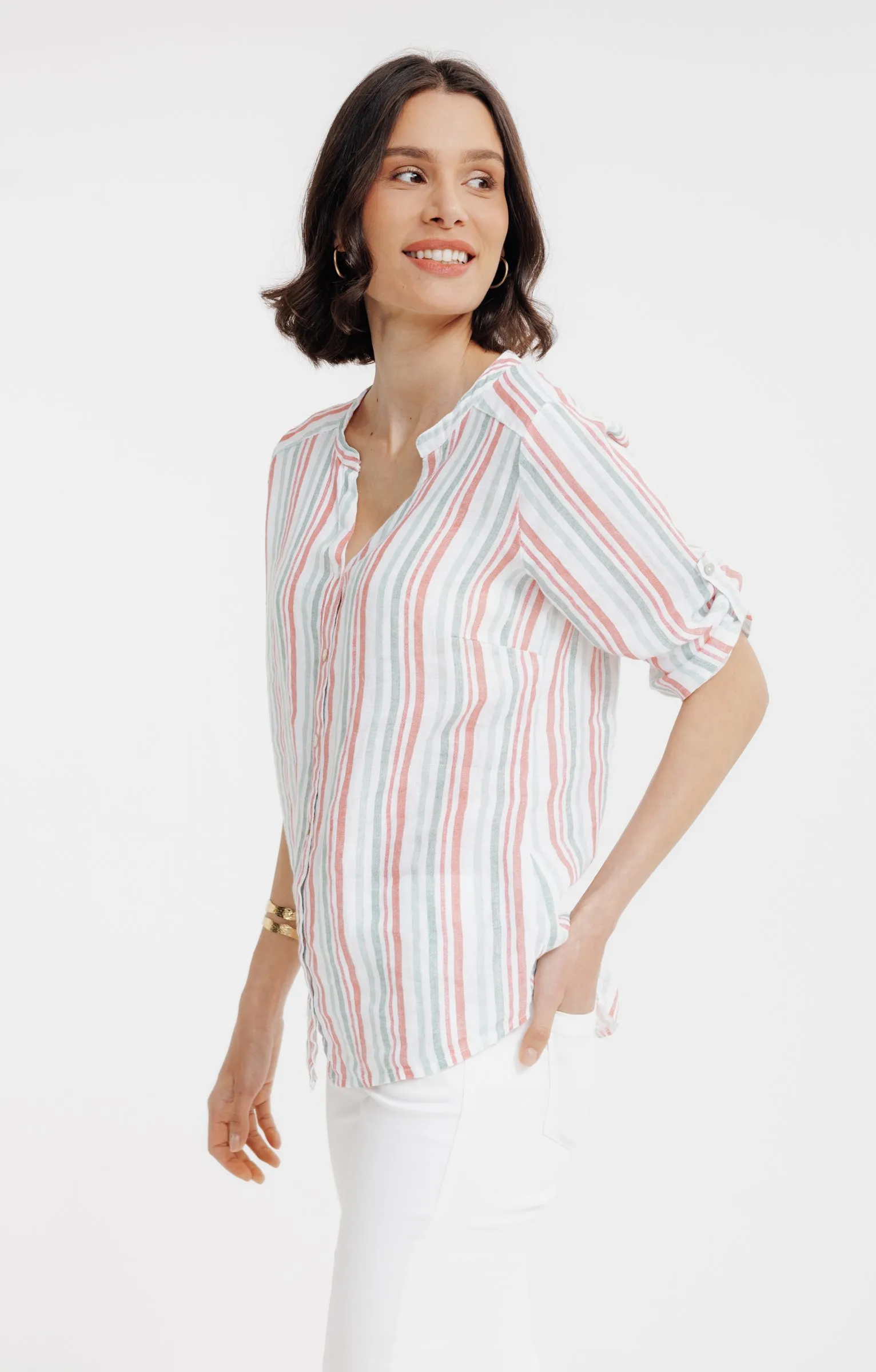 Chemise col mao rayée en lin  - 31,77 €