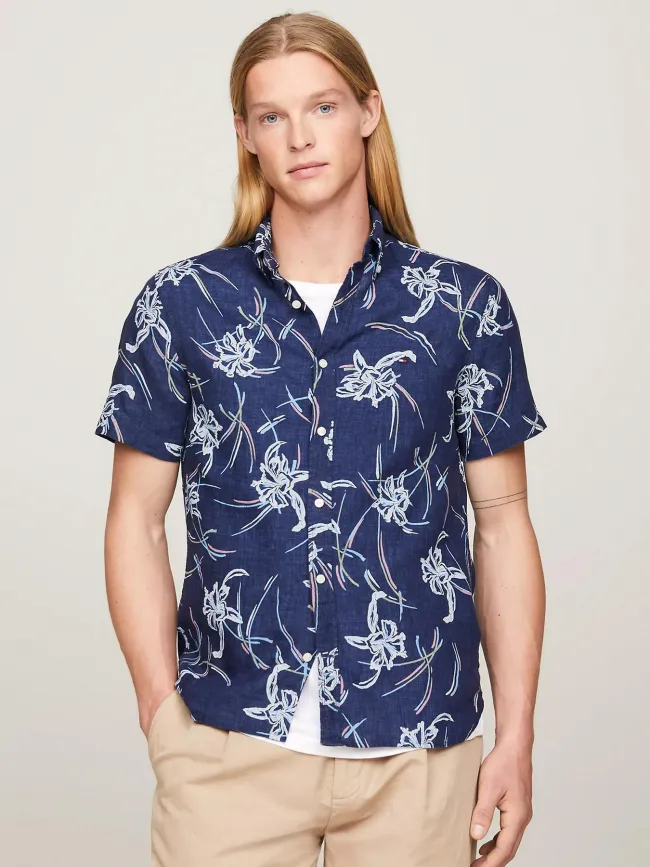 Chemise en lin tropical bleu marine homme - Tommy Hilfiger | wimod