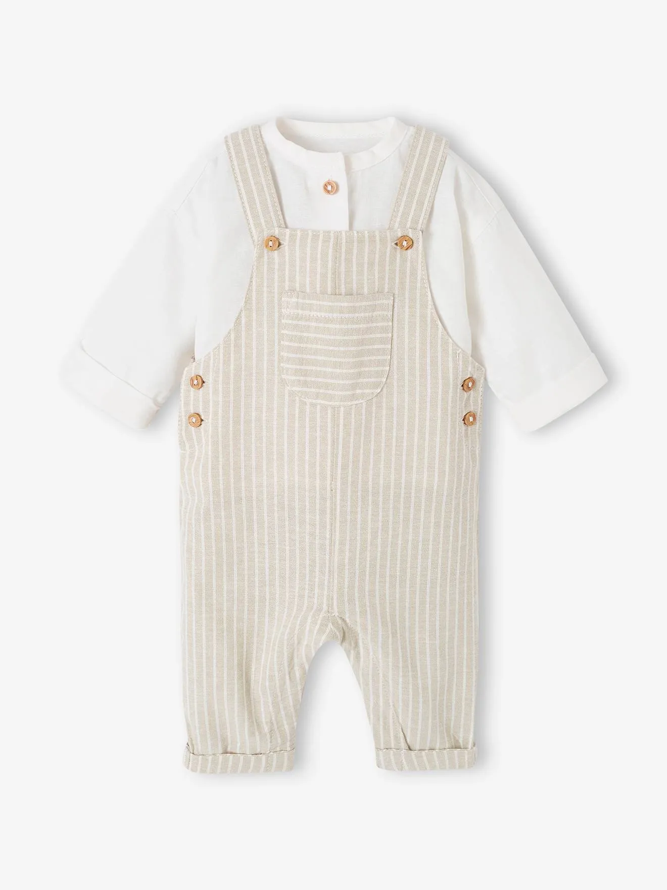 Ensemble cérémonie chemise et salopette naissance en lin et coton argile - Vertbaudet