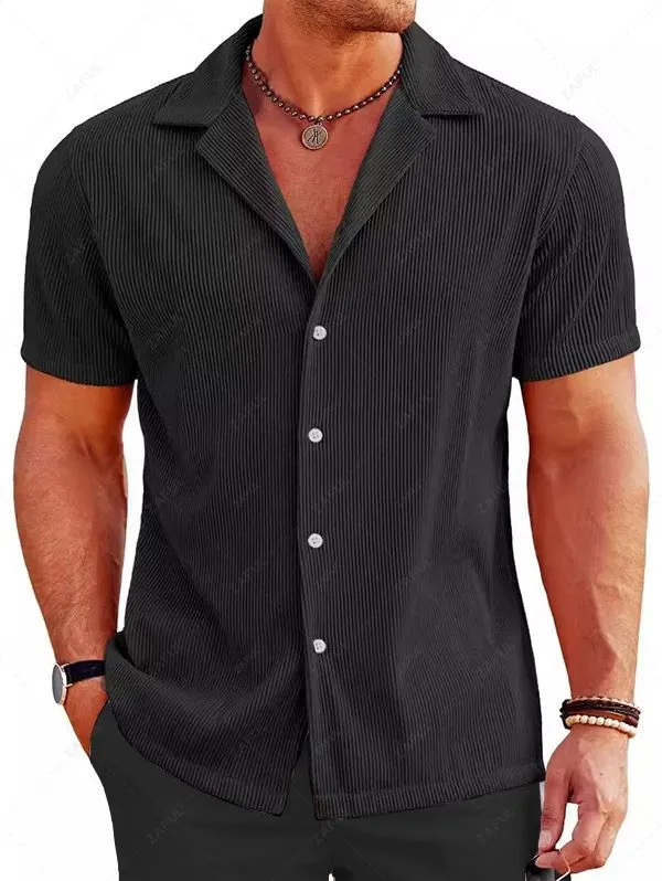 Ensemble De Chemise En Lin Et Pantalon Boutonné En Couleur Unie Manches Courtes à Col De Camp Pour Homme - Noir