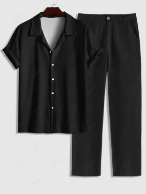 Ensemble De Chemise En Lin Et Pantalon Boutonné En Couleur Unie Manches Courtes à Col De Camp Pour Homme - Noir