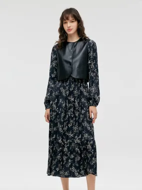 Ensemble deux pièces gilet en fourrure écologique et robe à imprimé fl