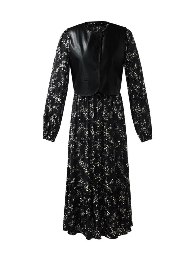 Ensemble deux pièces gilet en fourrure écologique et robe à imprimé fl