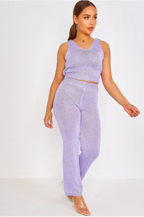 Ensemble violet brillant en maille tricotée top + pantalon