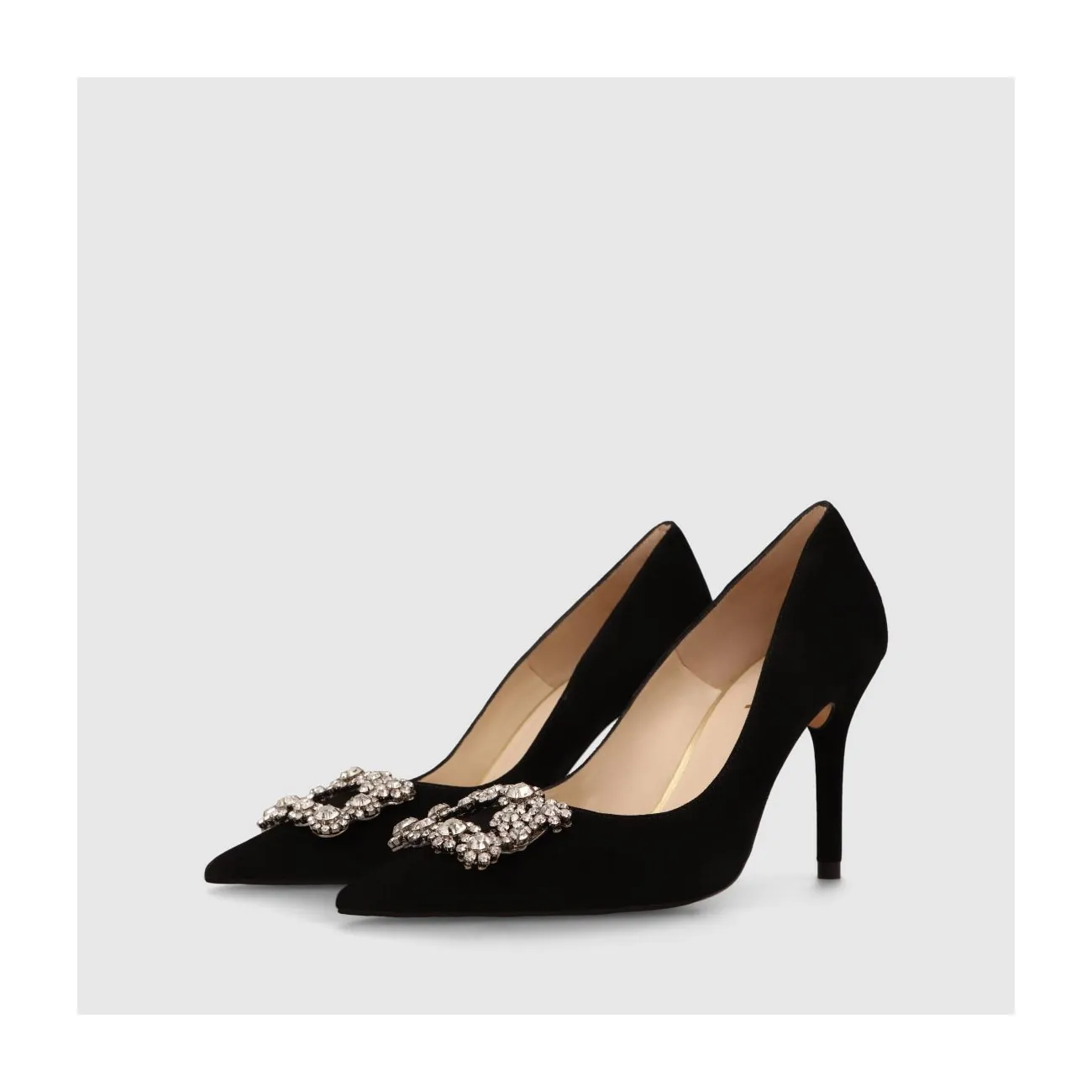 Escarpins bijou pour femme en daim noir avec détail strass | Chaussures femme LODI en ligne.