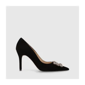 Escarpins bijou pour femme en daim noir avec détail strass | Chaussures femme LODI en ligne.