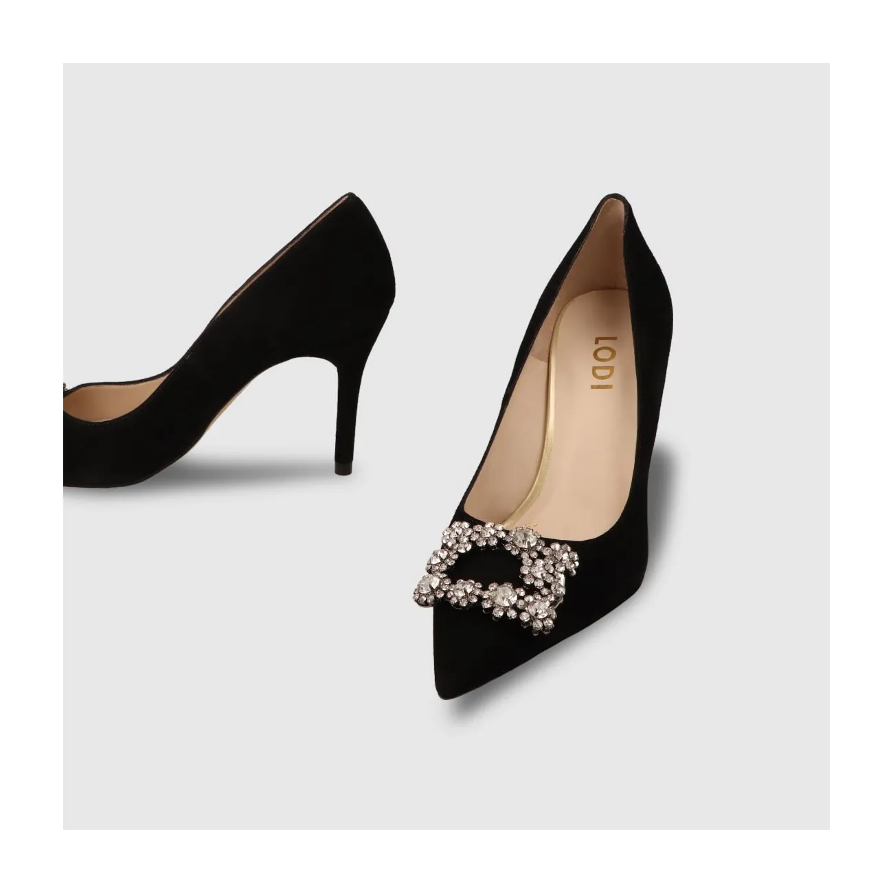 Escarpins bijou pour femme en daim noir avec détail strass | Chaussures femme LODI en ligne.