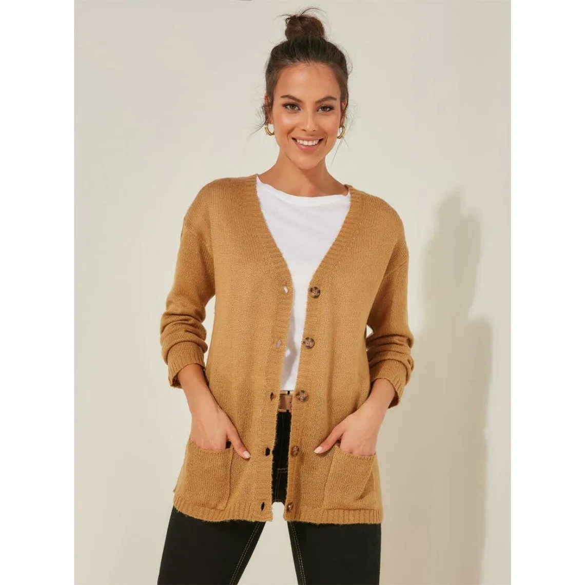 Gilet manches longues col V poches plaquées femme camel en viscose | 3 Suisses