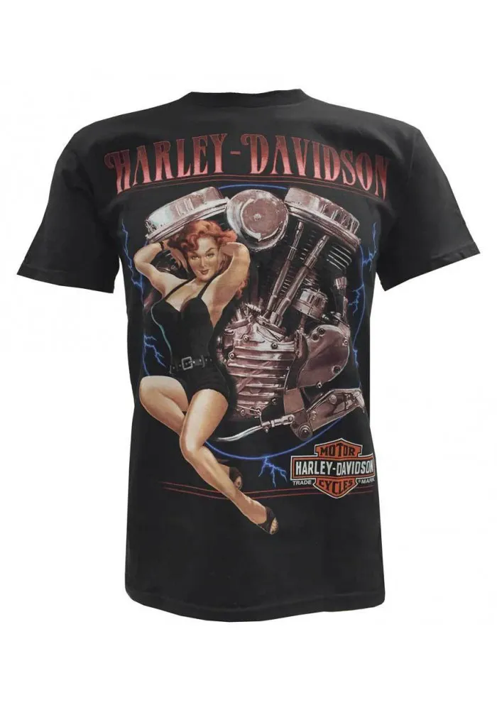 Harley Davidson Homme T-Shirt Manches Courtes, Piston Thunder Pin-Up Lady, Noir