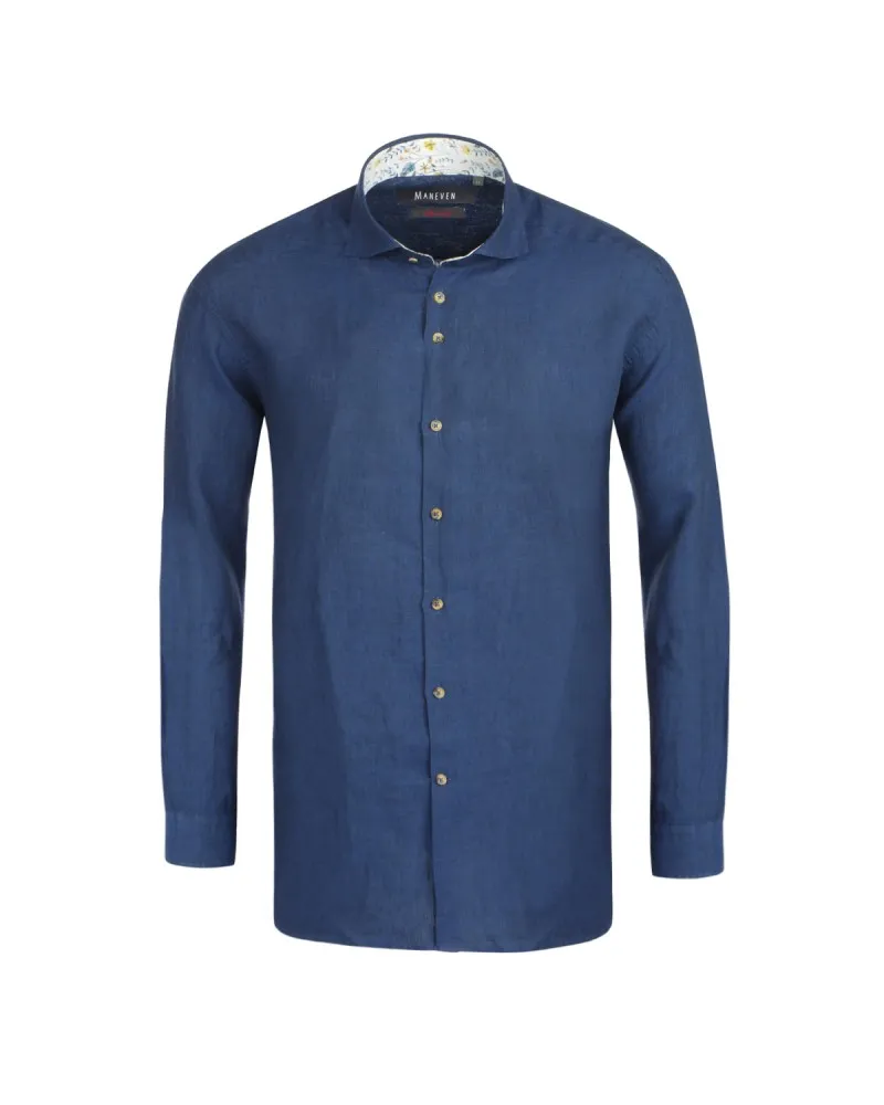 Maneven Chemise en lin cintrée manches extra-longues 72 cm bleue - Size-factory