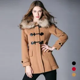 Manteau duffle en laine pour femme avec capuche bordée fourrure