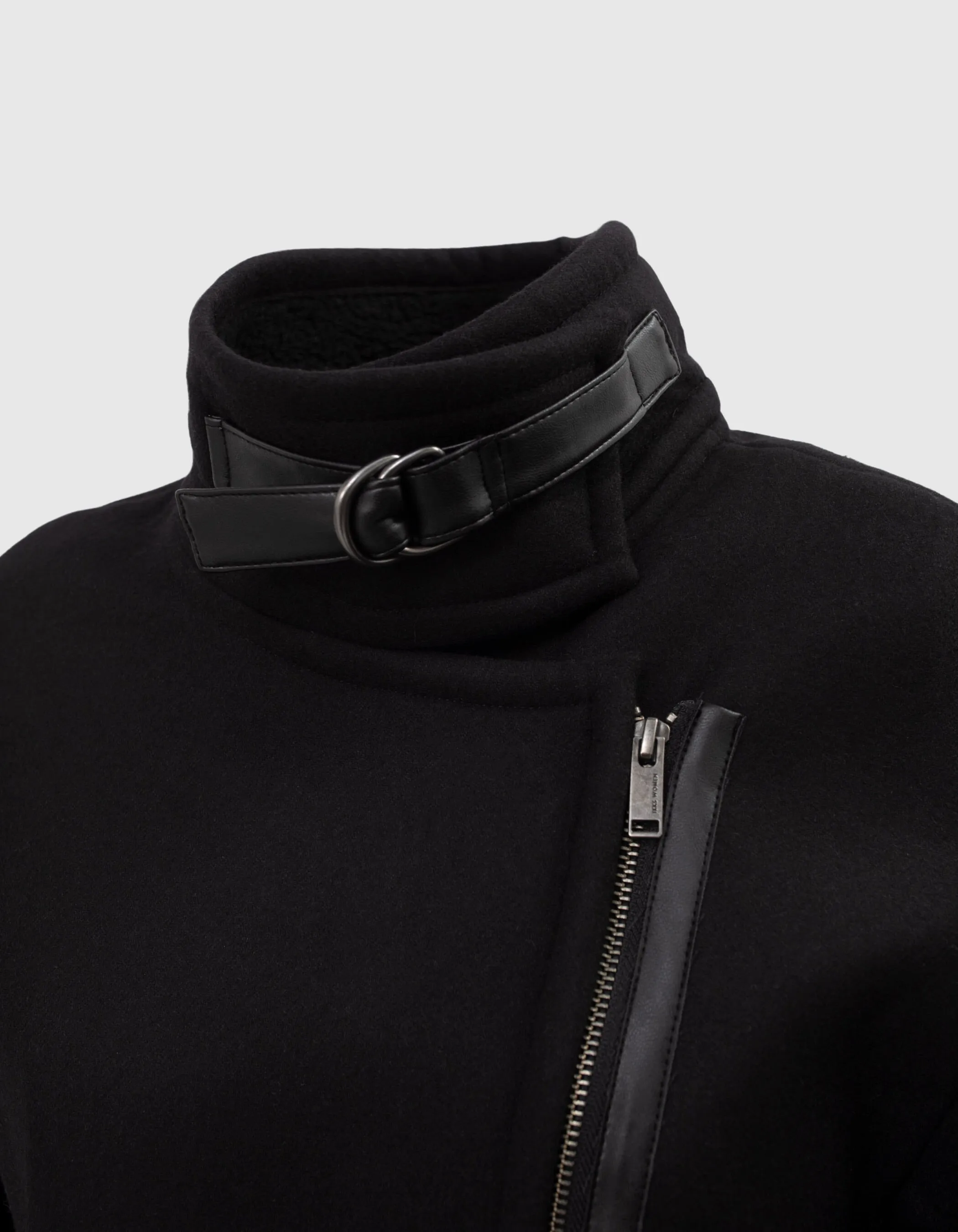 Manteau en mix laine noir col destrutcuré faux cuir femme