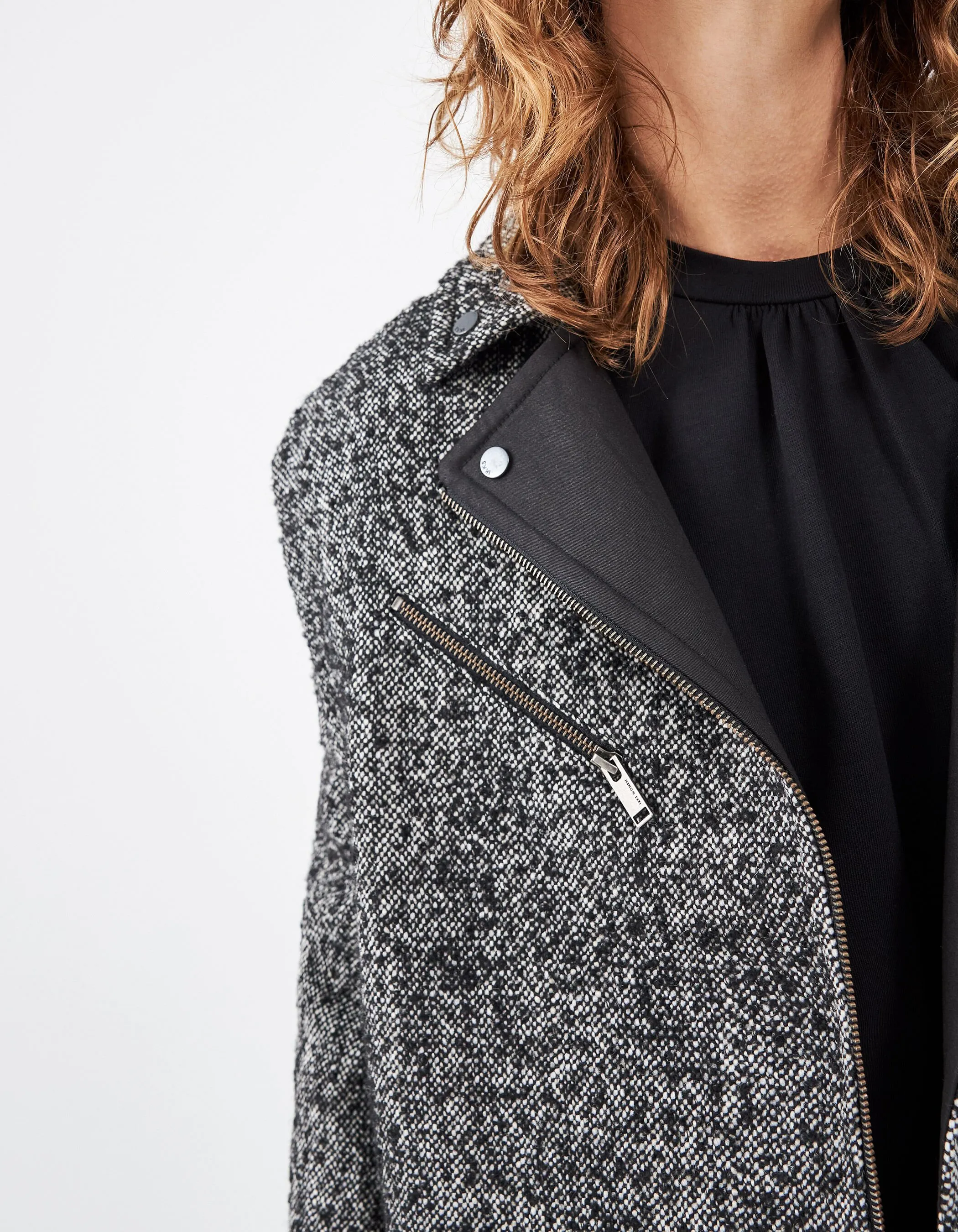 Manteau en mix laine noir col faux cuir femme