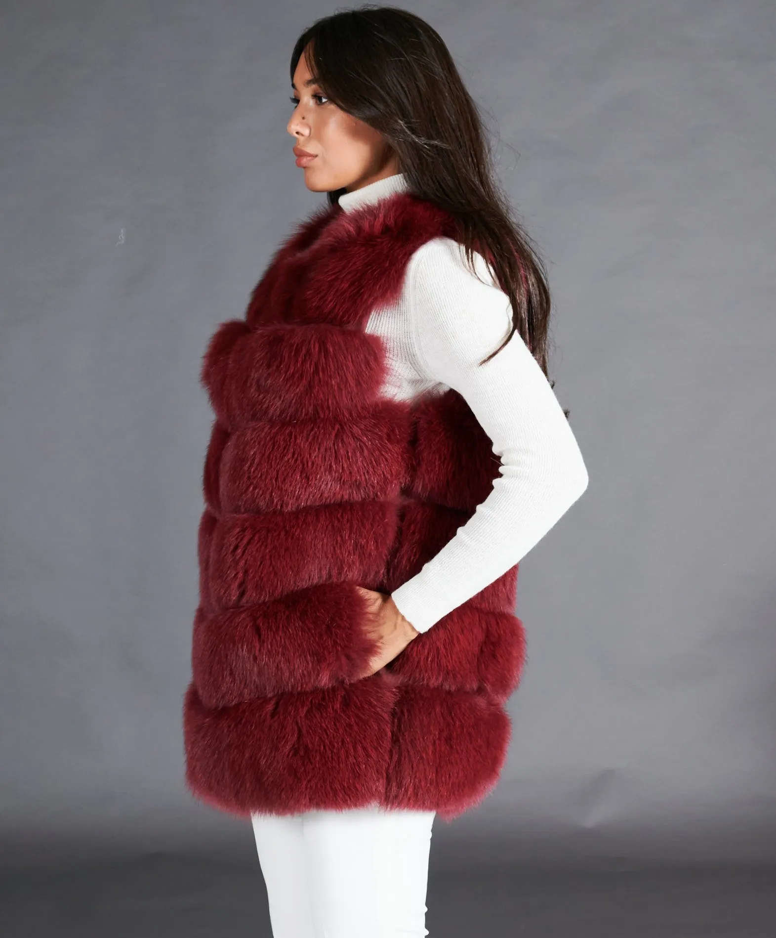 Manteau fourrure renard gilet renard bordeaux - Fourrure en ligne