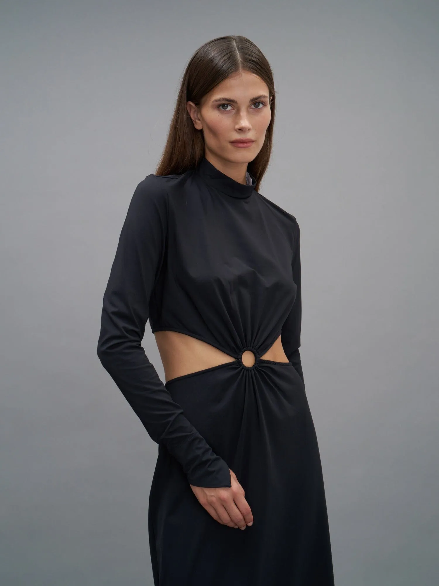 MARGUERITE - Robe midi manches longues en pointe ajourée à la taille en jersey Noir