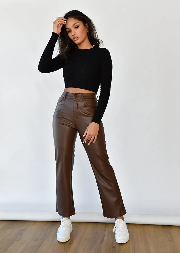 Pantalon droit en similicuir marron