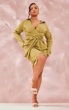 Plus Robe chemise en effet lin vert olive à liens autour de la taille