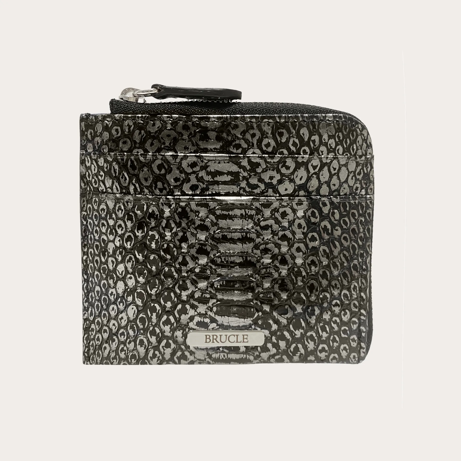 Porte carte de credit zippé noir en cuir véritable python