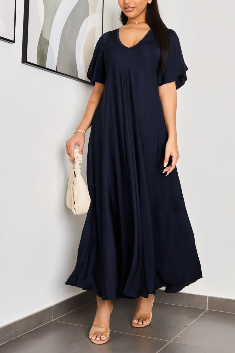 Robe bleu foncé simple satinée et fluide à manches courtes