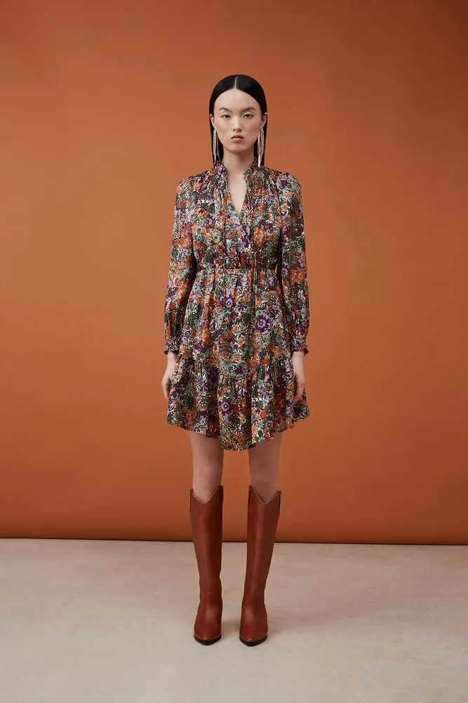 Robe courte fluide imprimé fleuri seventies Chama - Vert - SUNCOO