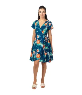 Robe courte MARIKA fluide cache-cœur imprimé fleurs tropicales Coton Du Monde