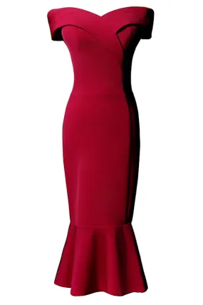 Robe de fiançailles rouge sirène épaule dénudé en jersey