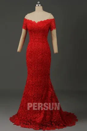 Robe de mariée sirène rouge bardot en dentelle guipure