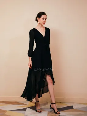 Robe De Soirée Asymétrique Manche Longue Courte Devant Fluide Mousseline Noire