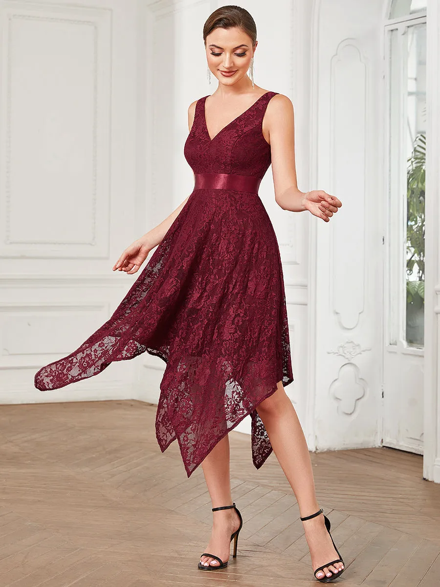 Robe de Soirée Asymétrique à la Taille en Ruban en Dentelle