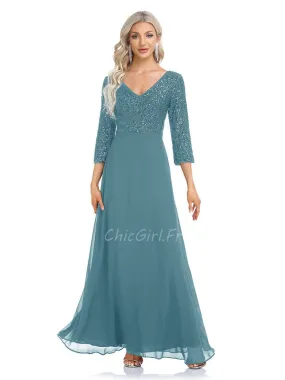 Robe De Soirée Chic Longue Fluide Bleu Turquoise Mousseline Paillette Manche 3 4