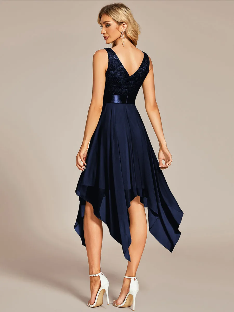Robe demoiselle d'honneur irrégulière dentelle mousseline Col en V pour femme