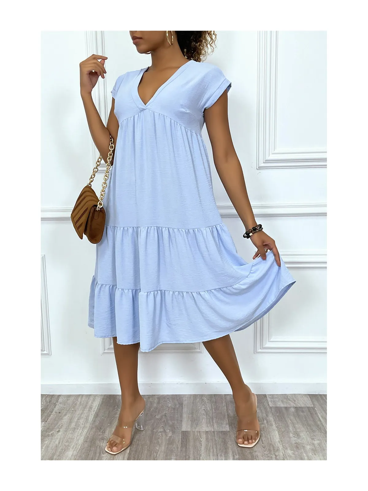 Robe fluide turquoise mi-longue col V