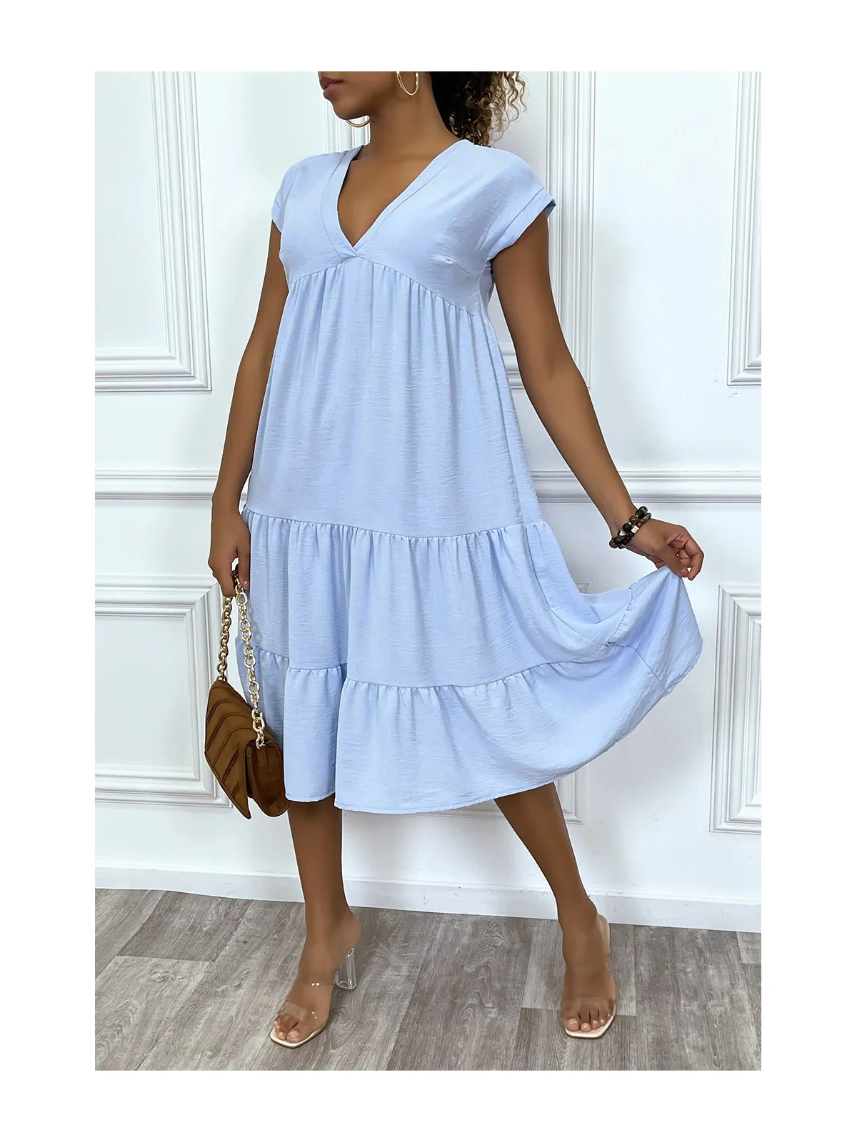 Robe fluide turquoise mi-longue col V