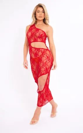 Robe longue asymétrique transparente en dentelle rouge à découpes