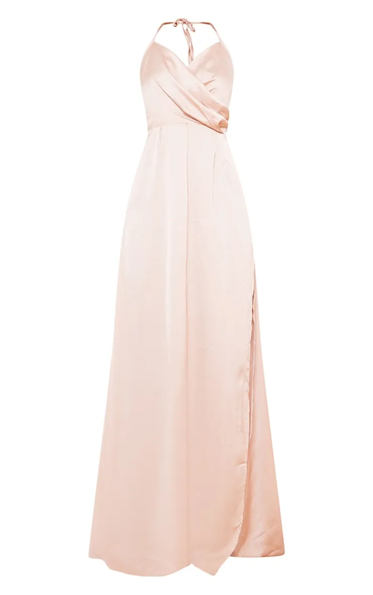 Robe longue fendue satinée champagne