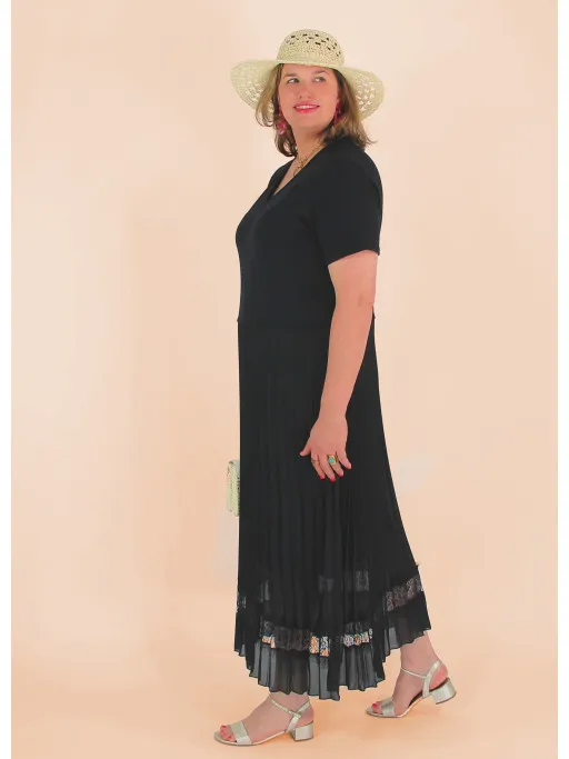 Robe longue plissée en dentelle RUBINA noire