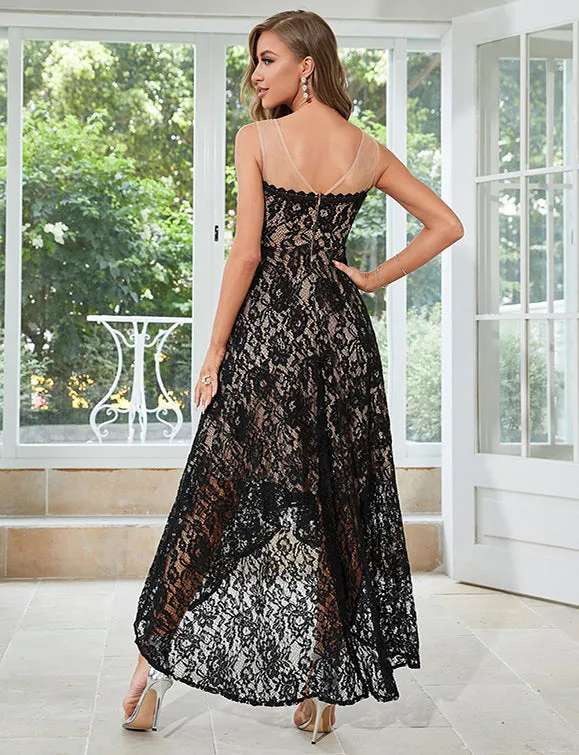 Robe sans manches en dentelle noire au tempérament élégant